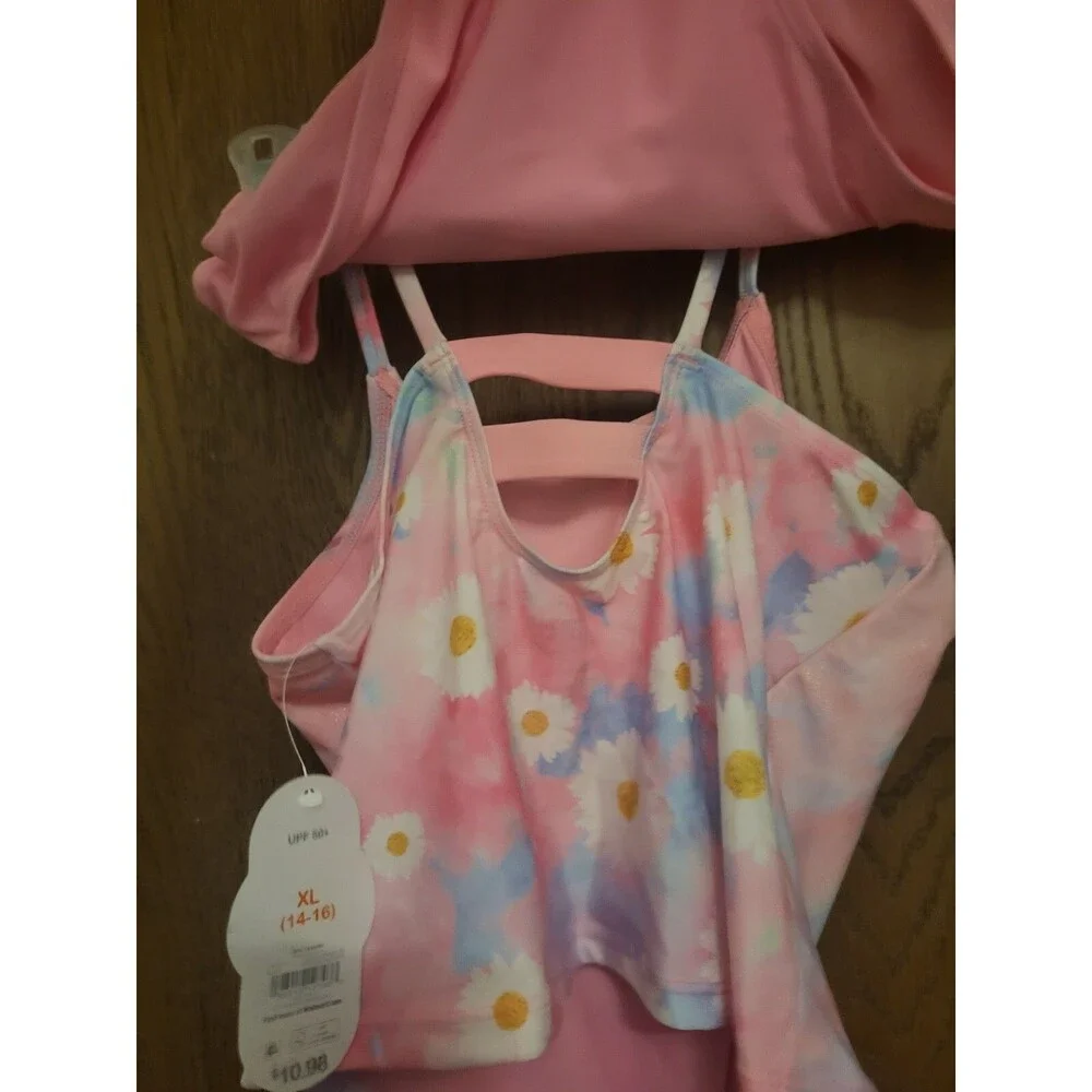 Wonder Nation Girls 2 Piece Swimsuit Tankini Unicorn Size XL 14/16 Pink UPF 50+